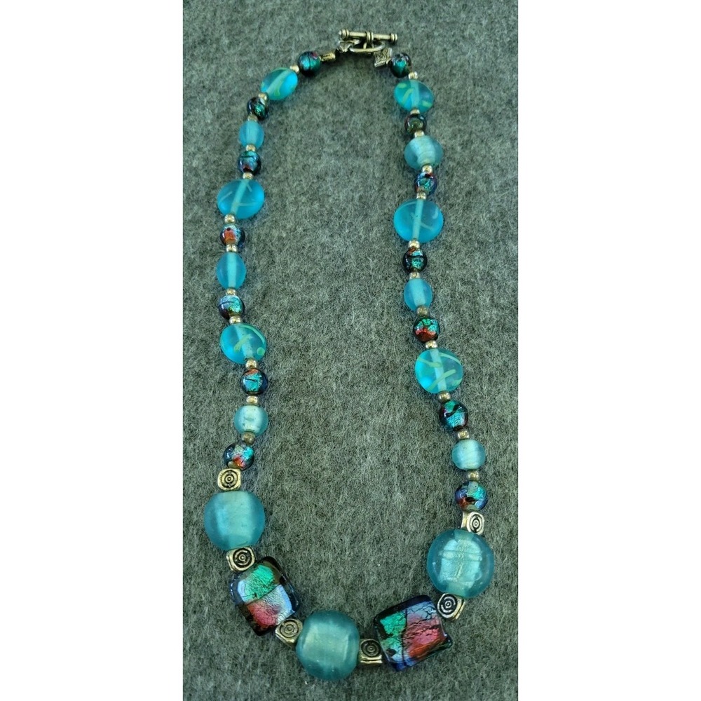 Dichroic Art Glass Necklace Aqua Frosted Beads 19in 59g Rainbow Foil Toggle
